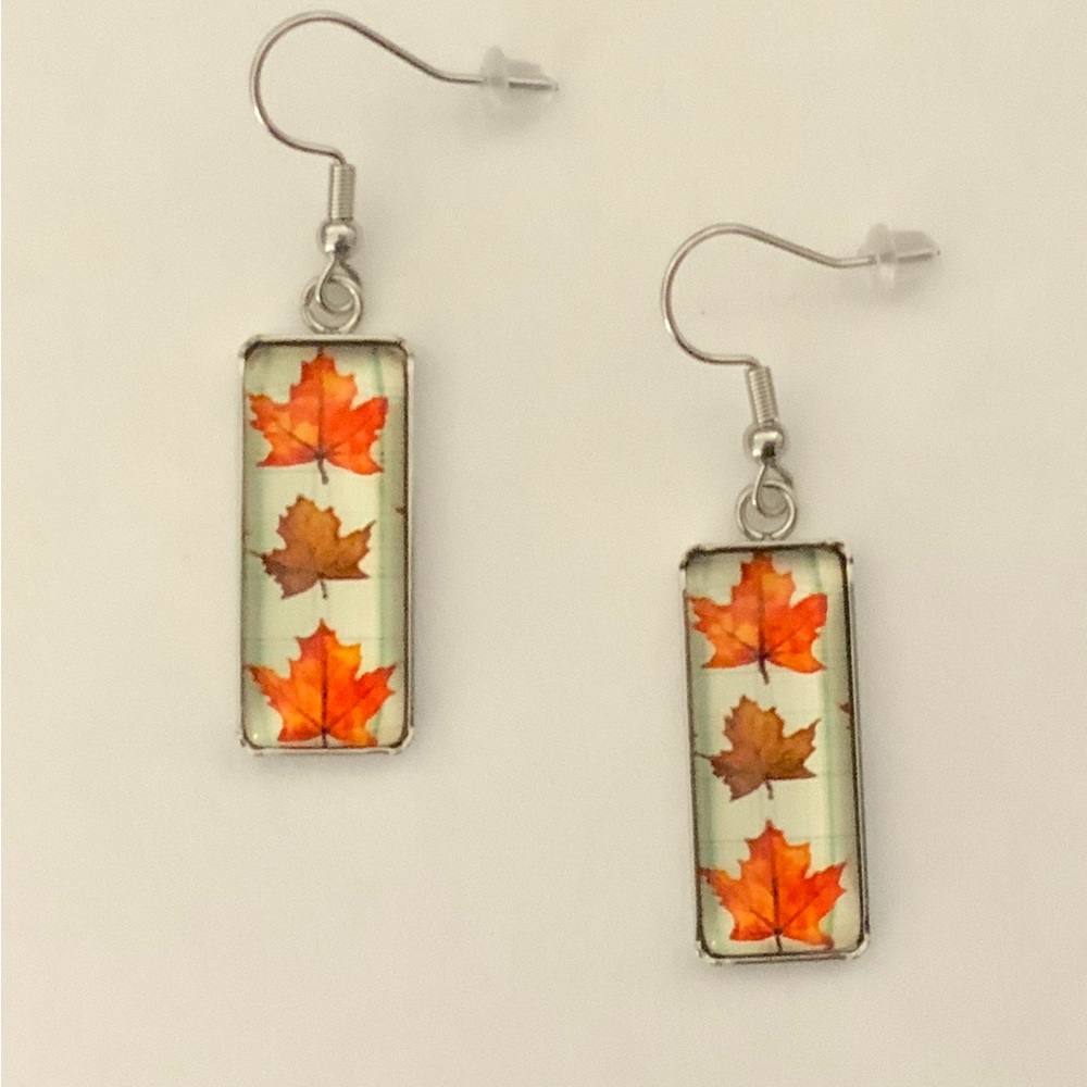 Maple Leaf Dangle Earrings - Silver and Orange